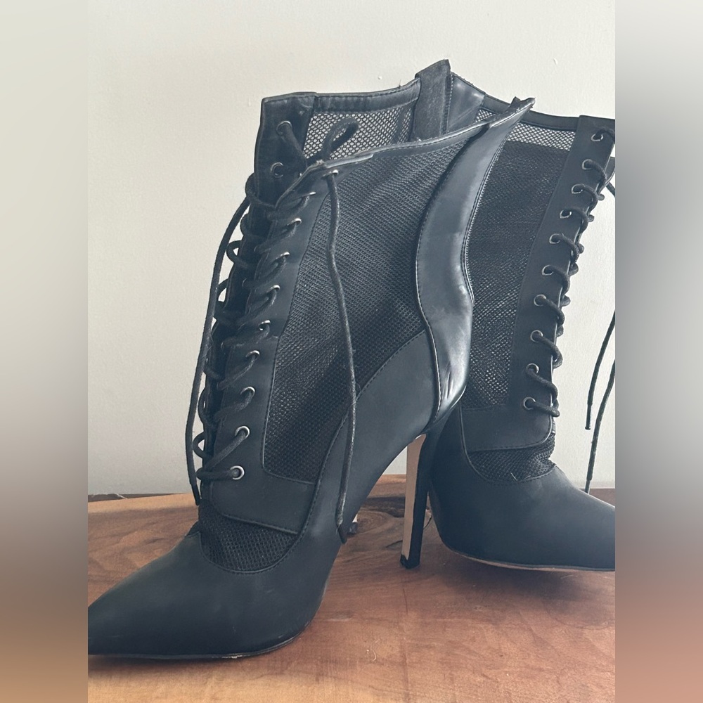 "Pretty Little Thing" Black Faux Suede High Ankle Stiletto Mesh Boots Size 7